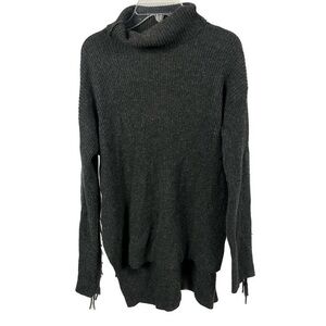 Brodie Cashmere Women's Sophia‎ Fringe Ribbed Gray Cowl Neck Tunic Sweater- XS